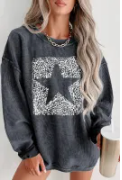 Leopard Star Graphic Corded Gray Sweatshirt