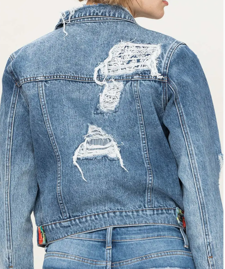 Distressed Cropped Denim Jacket | Paisley Patch Western Jean Jacket Blue or Black