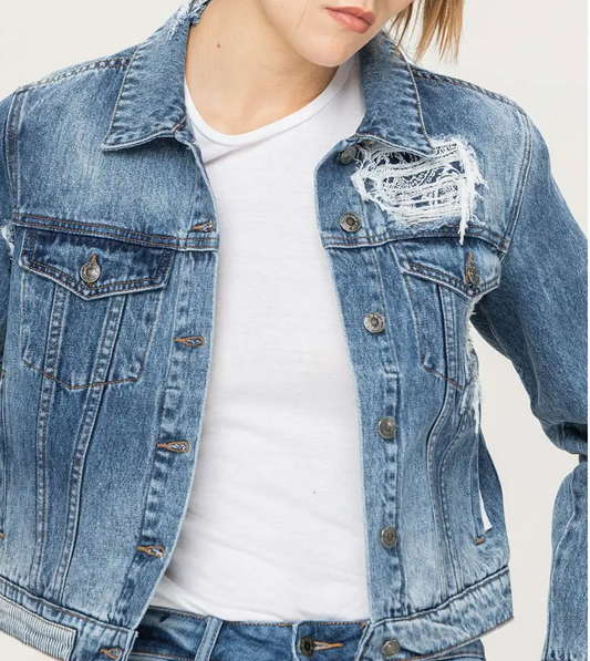 Distressed Cropped Denim Jacket | Paisley Patch Western Jean Jacket Blue or Black