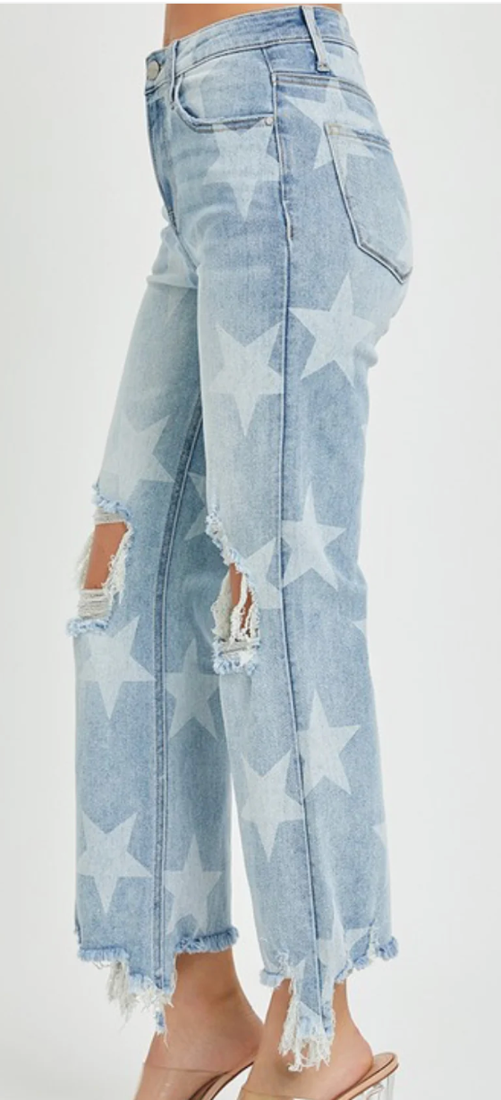 Star Print High Rise Jeans | Risen Distressed Straight Leg Denim Western Style