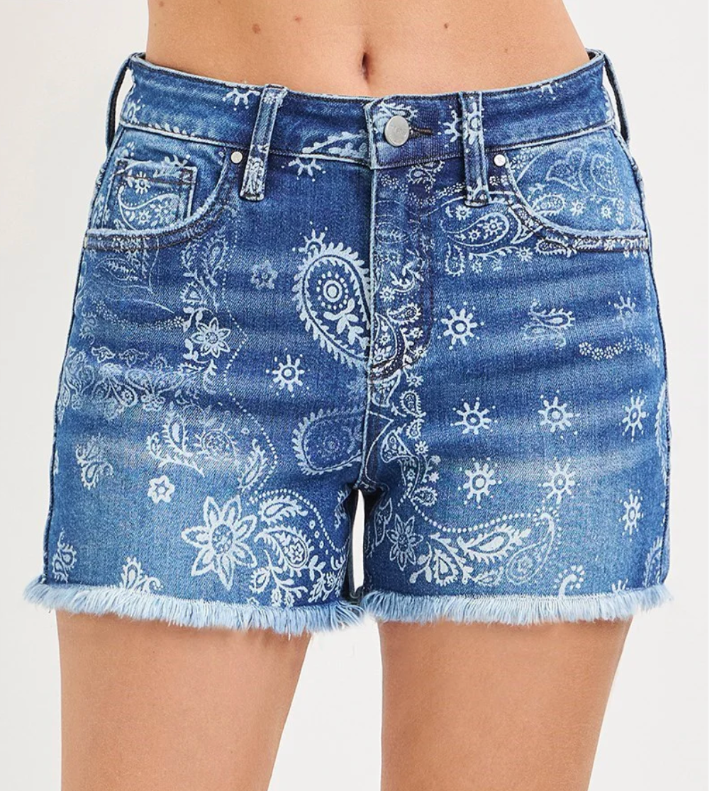 Paisley Denim Shorts | Risen Printed Blue Cutoff Shorts Western Style