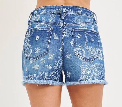 Paisley Denim Shorts | Risen Printed Blue Cutoff Shorts Western Style