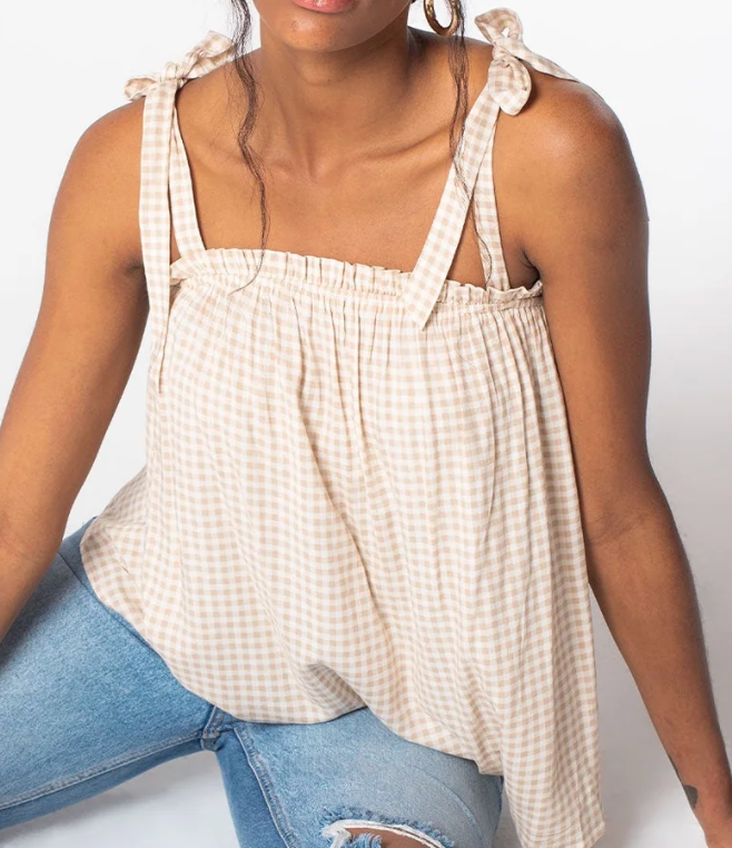 Gingham Tie Shoulder Tank Top | Lovestitch Brown Cream Boho Camisole