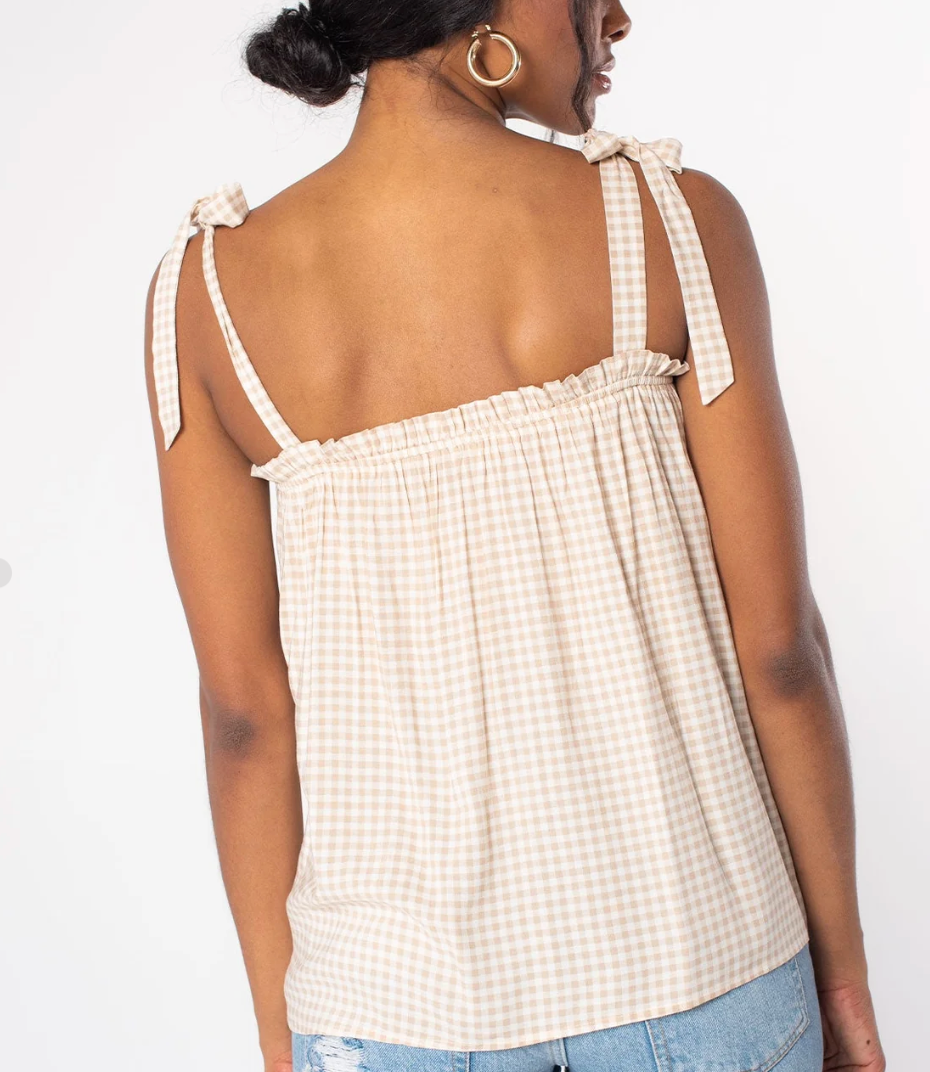 Gingham Tie Shoulder Tank Top | Lovestitch Brown Cream Boho Camisole