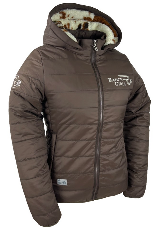 Ranch Girls Beth Jacket – Brown Cow Print Hooded Fleece-Lined Softshell