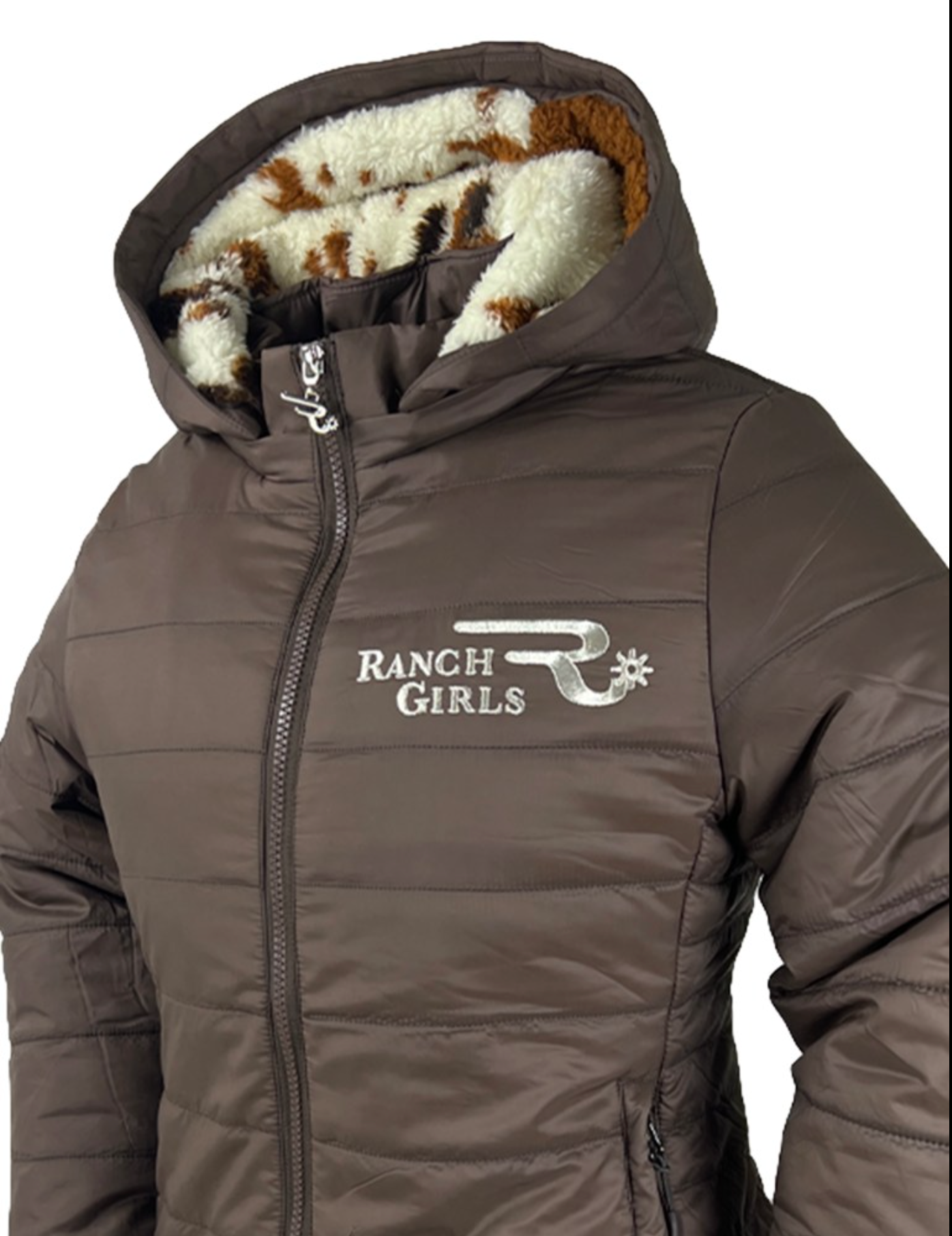 Ranch Girls Beth Jacket – Brown Cow Print Hooded Fleece-Lined Softshell
