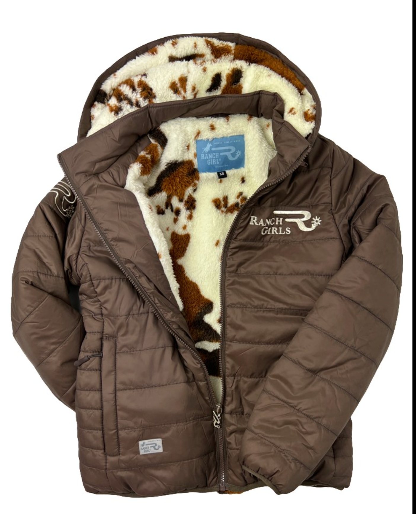 Ranch Girls Beth Jacket – Brown Cow Print Hooded Fleece-Lined Softshell