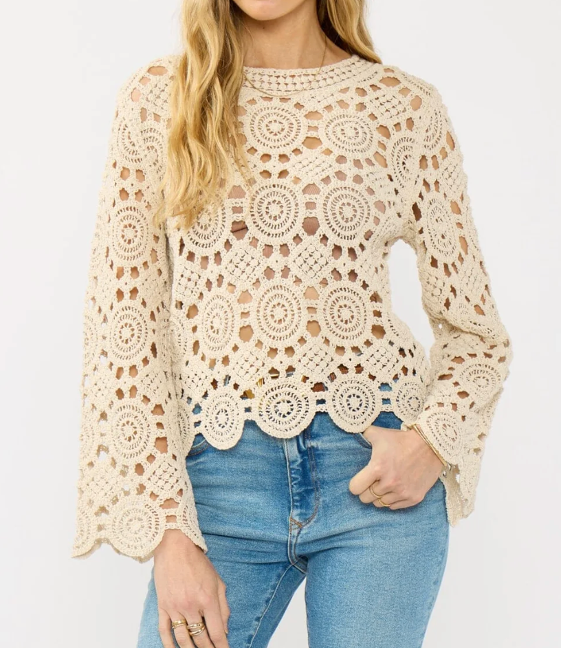 Ivory Crochet Top | Lovestitch Emmy Boho Knit Top, Long Sleeve Lace Blouse