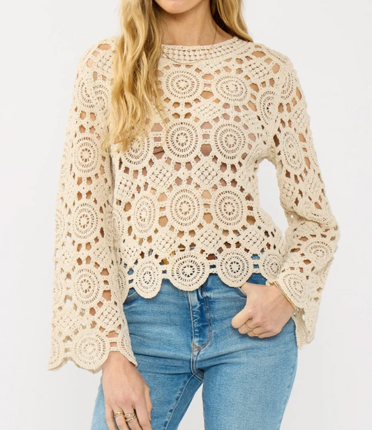 Ivory Crochet Top | Lovestitch Emmy Boho Knit Top, Long Sleeve Lace Blouse