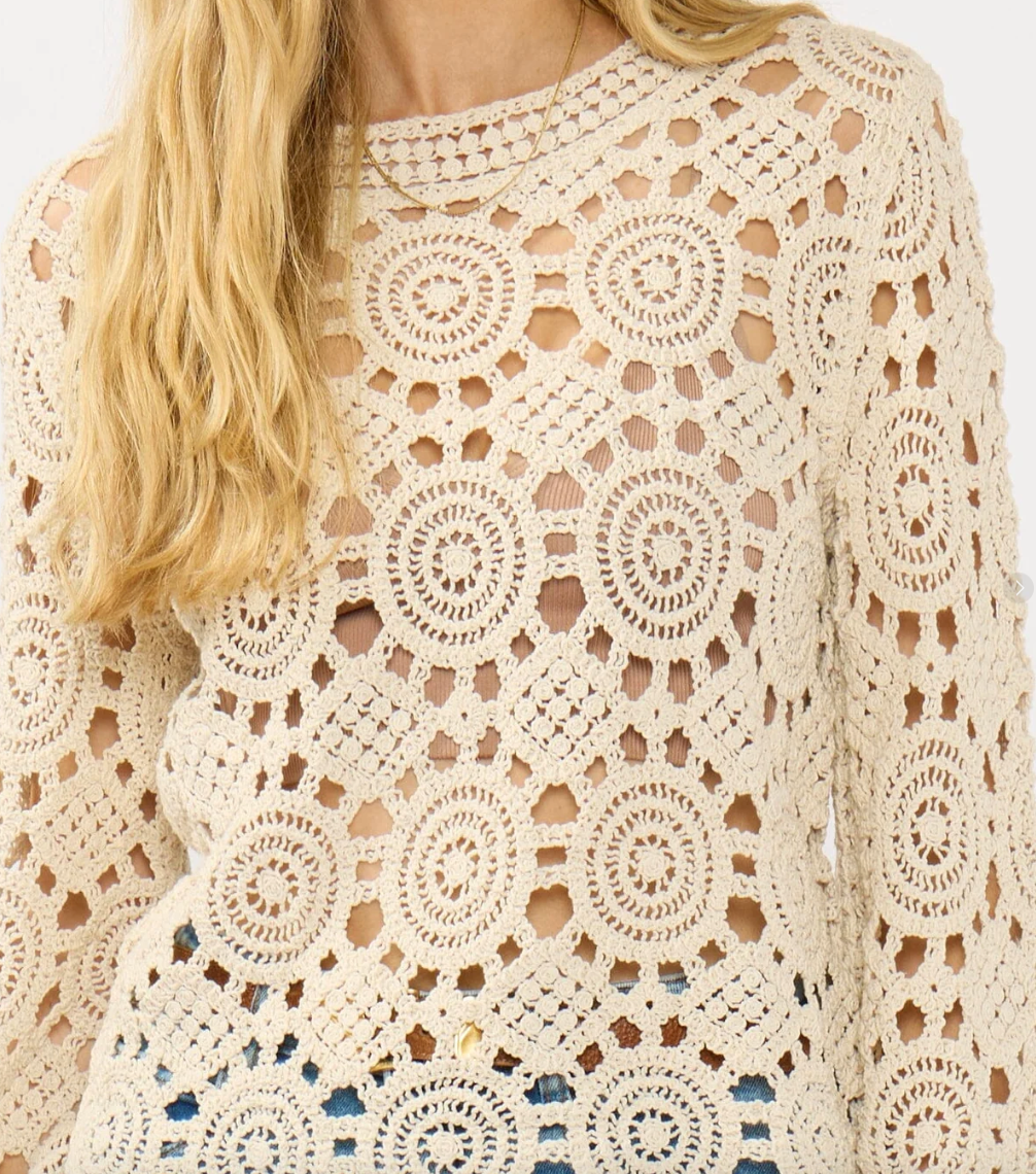 Ivory Crochet Top | Lovestitch Emmy Boho Knit Top, Long Sleeve Lace Blouse