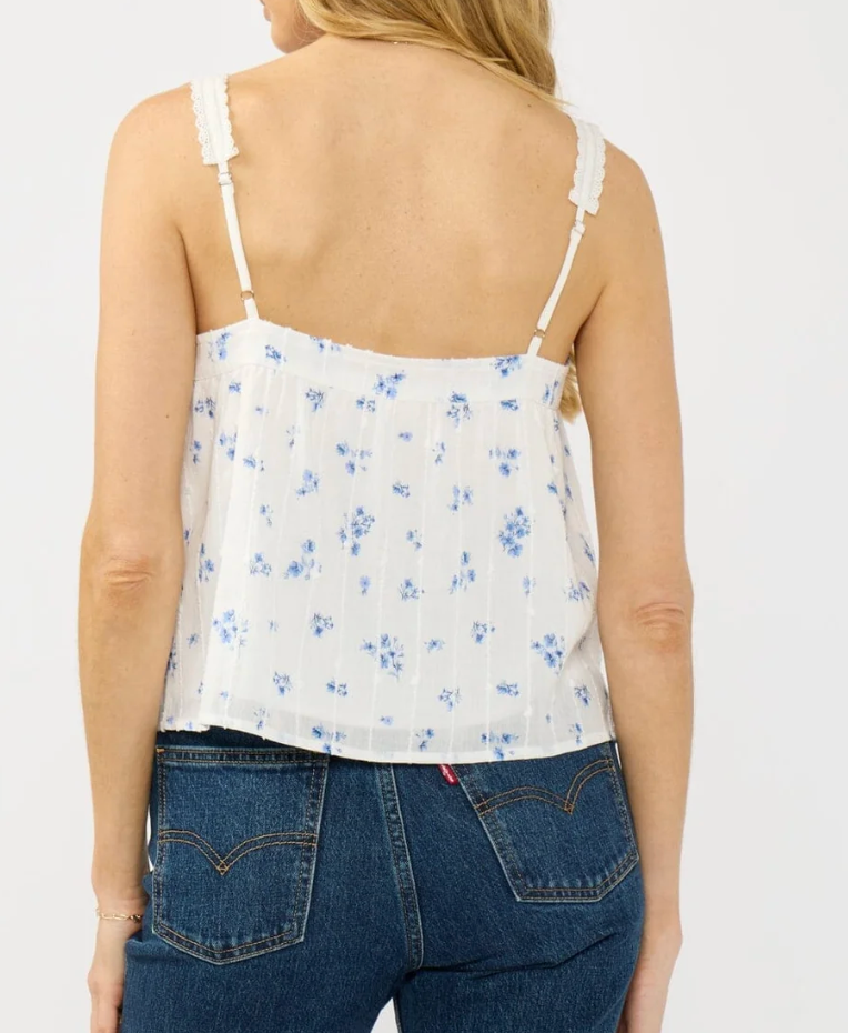 Blue Floral Tank Top | Lovestitch Melody Square Neck Lace Strap Camisole