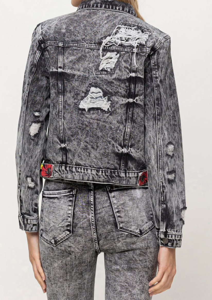 Distressed Cropped Denim Jacket | Paisley Patch Western Jean Jacket Blue or Black