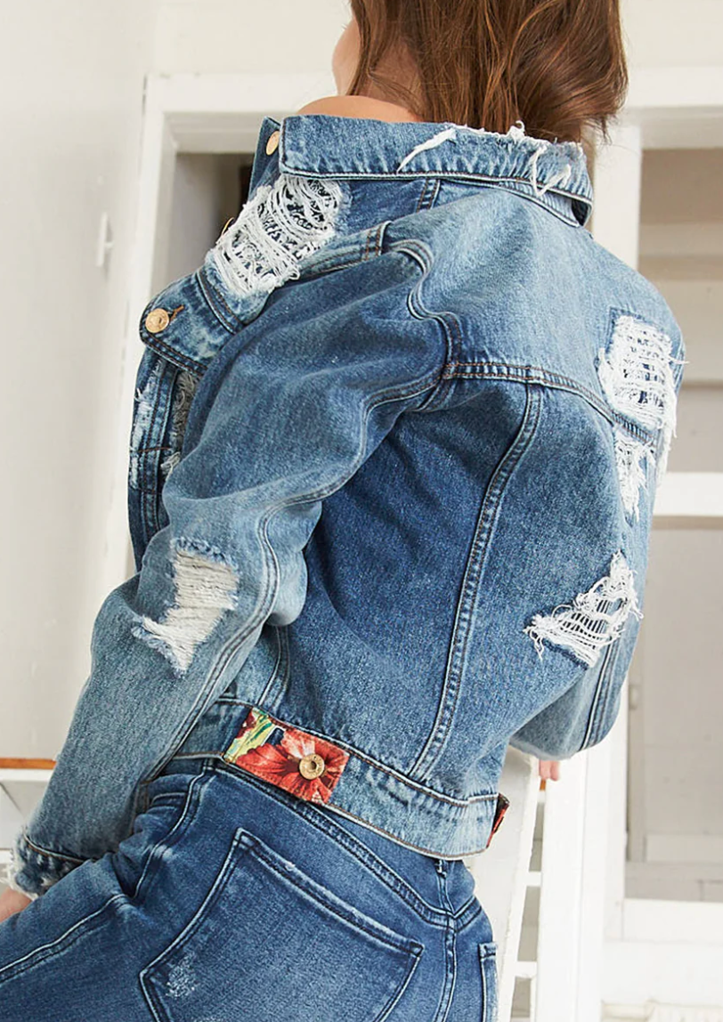 Distressed Cropped Denim Jacket | Paisley Patch Western Jean Jacket Blue or Black
