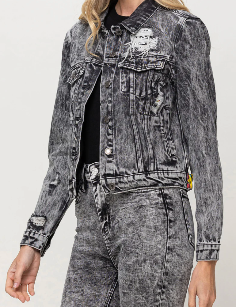 Distressed Cropped Denim Jacket | Paisley Patch Western Jean Jacket Blue or Black